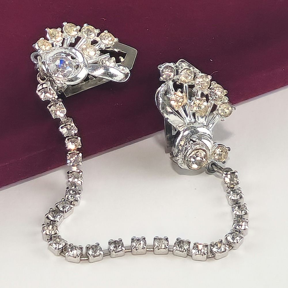 Vintage Rhinestone Fur Guard Clips Silver Tone Clear Rhinestone Chain